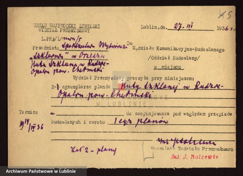 image.from.unit.number "[Projekt huty szklanej Spółdzielni Wytwórczej "Szklarnia" w Orzeszu, filia Ruda-Opalin, pow. chełmski]"