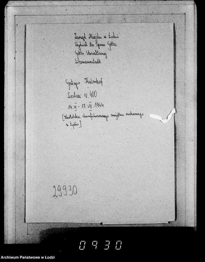 Obraz 4 z jednostki "Gestapo Kulmhof Leslau 400-436 [Kartoteka skonfiskowanego majątku ruchomego u Żydów]"