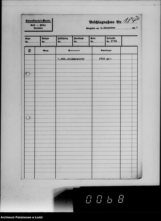 Obraz 7 z jednostki "Ankauf vom J.A.[Kartoteka dostaw skonfiskowanych kosztowności]"