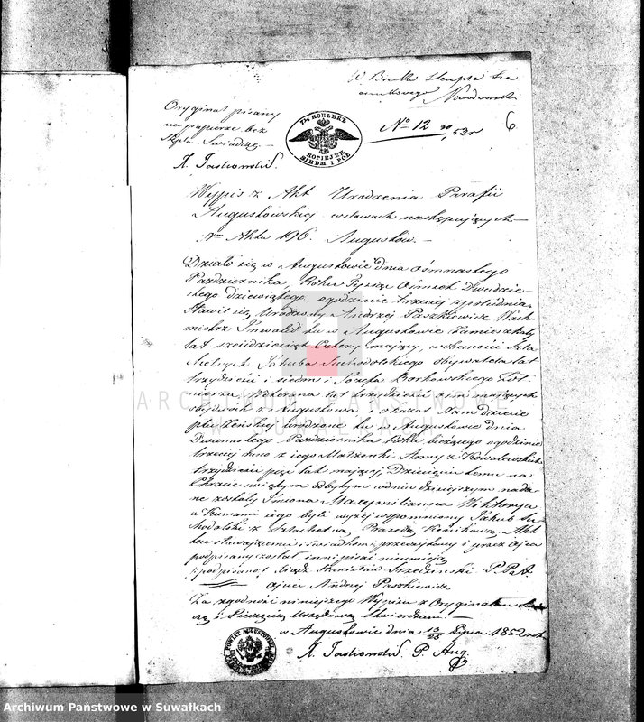 image.from.unit.number "Dowody do Aktów Małżeństwa Parafii Suwalskiej z Roku 1853."