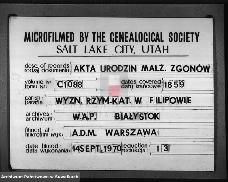 Obraz 1 z jednostki "Księga Duplikat do zapisywania Aktów Urodzonych, Zaślubionych i Zmarłych na rok 1859-ty z Parafii Filipowskiej"