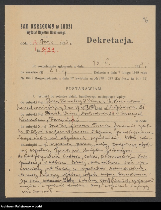 Obraz 18 z jednostki "Fdom Handlowy- I.Pines i S.Kacnelson- handel manufakturą"