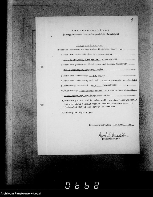 Obraz 9 z jednostki "J 1221-1240 [Wnioski Żydów z Getta o zwrot należności za pracę i towar wzięty na kredyt]"