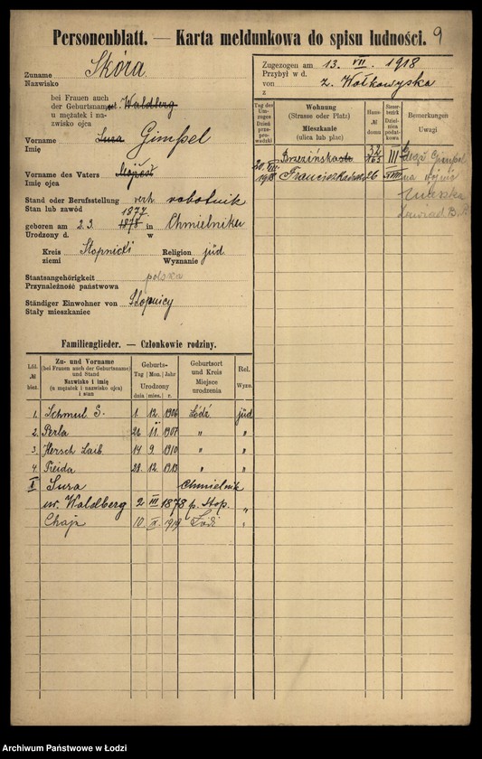Obraz 11 z jednostki "[Spis ludności Łodzi] Skóra-Slązak"