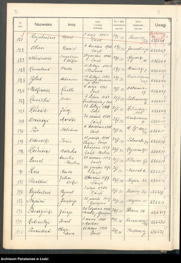 Obraz 10 z jednostki "Ewidencja dowodów osobistych wydanych przez Zarząd Miejski w Łodzi, zespół nr 6 [- nazwiska na litery N, O, R, T]"
