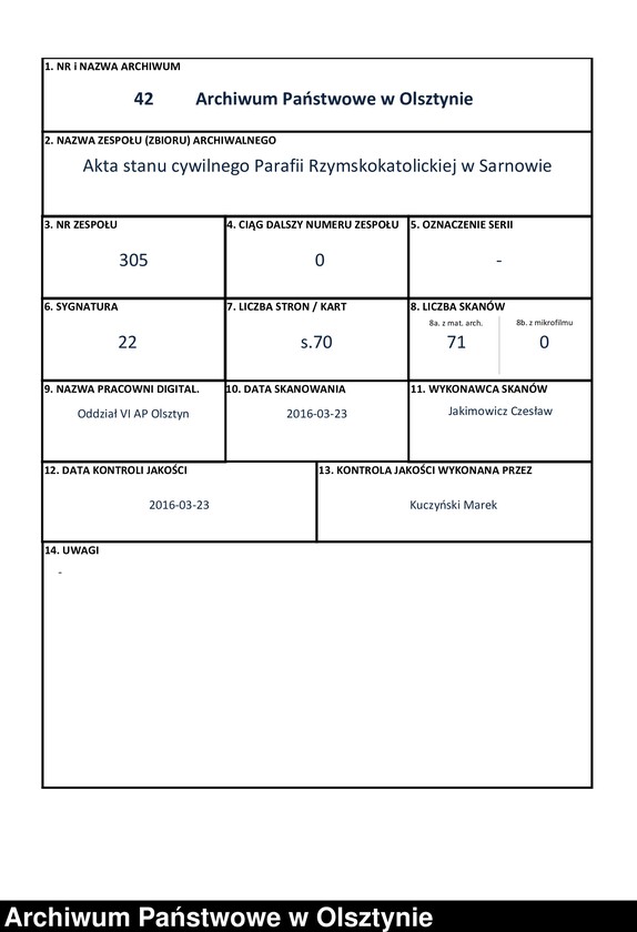 image.from.unit.number "Duplikat Urodzonych Zaslubionych Zmarłych w parafii Sarnowskiey z roku 1838"