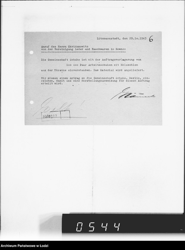 Obraz 10 z jednostki "Reichskommisar Ukraine. [Korespondencja w sprawie realizacji zamówień dla Ukraine Lederindustrie G.m.b.H w Równem]"