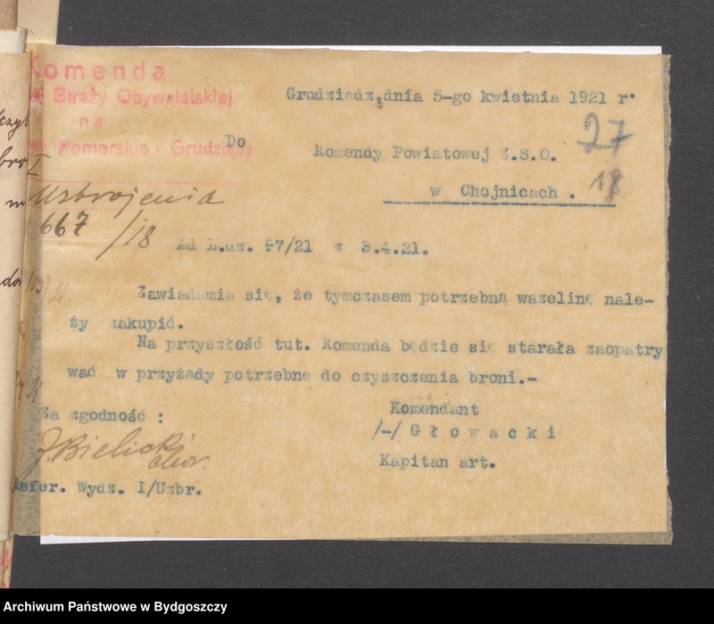 image.from.unit.number "[Raport o stanie uzbrojenia, statystyka broni, imienny spisy członków straży obywatelskiej z Głowczewic, powiat chojnicki]"