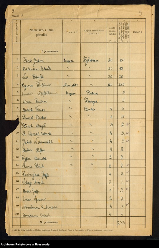 image.from.unit.number "Listy płatników składki Gminy Wyznaniowej Żydowskiej w Czudcu"