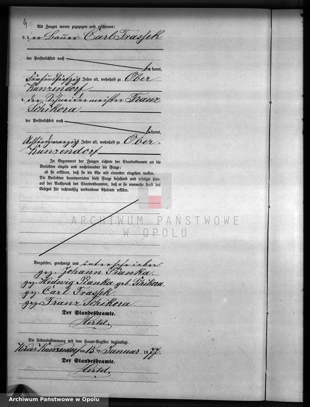 Obraz 8 z jednostki "Heiraths-Neben-Register Standesamts Kunzendorf pro 1877"