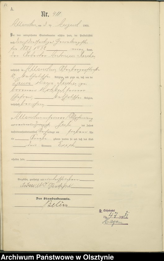 image.from.unit.number "Geburts-Haupt-Register Tom II, Nr 399 - 722"