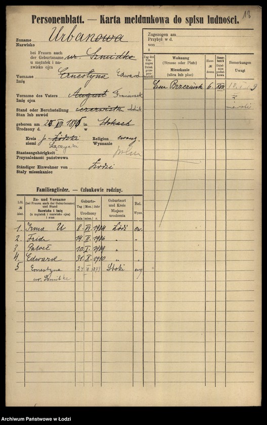 Obraz 20 z jednostki "[Spis ludności Łodzi] Urbach - Urbanowski"