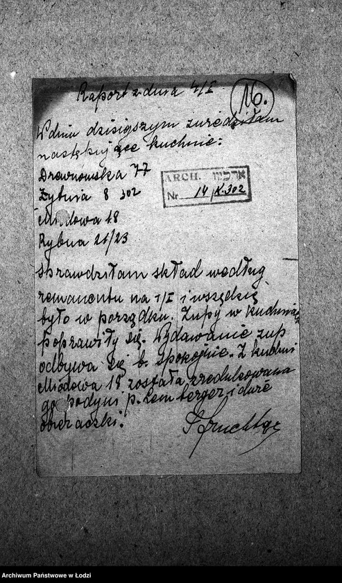Obraz 19 z jednostki "[Kuchnia nr 302, ul. Żytnia 8. Kuchnia, ul. Żytnia 20. Działalność kuchni, personel, konsumenci, kontrole]"