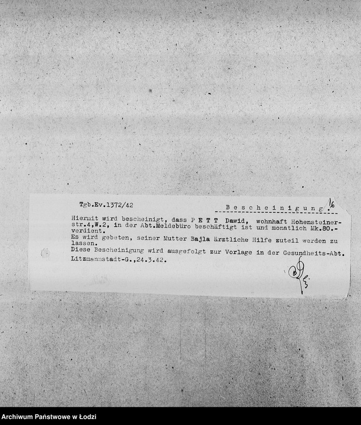 Obraz 19 z jednostki "[Kopie zaświadczeń dla pracowników Wydziałów Ewidencji o zatrudnieniu, wysokości poborów, potrąceniach za komorne, przydziałach żywnościowych i inne]"