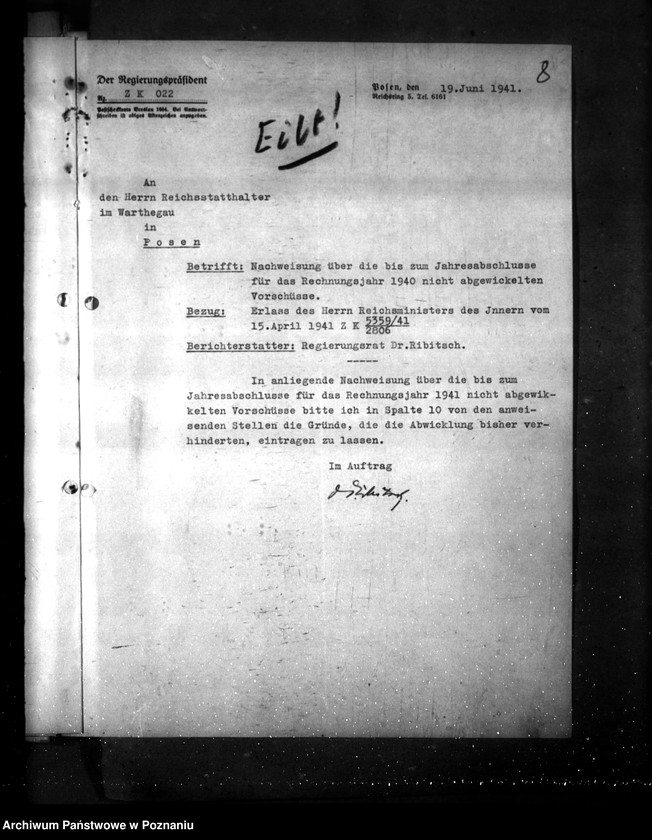 Obraz 12 z jednostki "Reguerungsoberkasse in Posen- Vorschüsse und Verwahrungen aus 1939/ 1940"