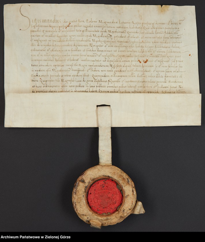 Obraz 3 z jednostki "Zygmunt, król polski, na prośbę międzyrzeczan, poleca poddanym mieszkającym na wsi a uprawiającym grunty miejskie, przenieść się do Międzyrzecza i"
