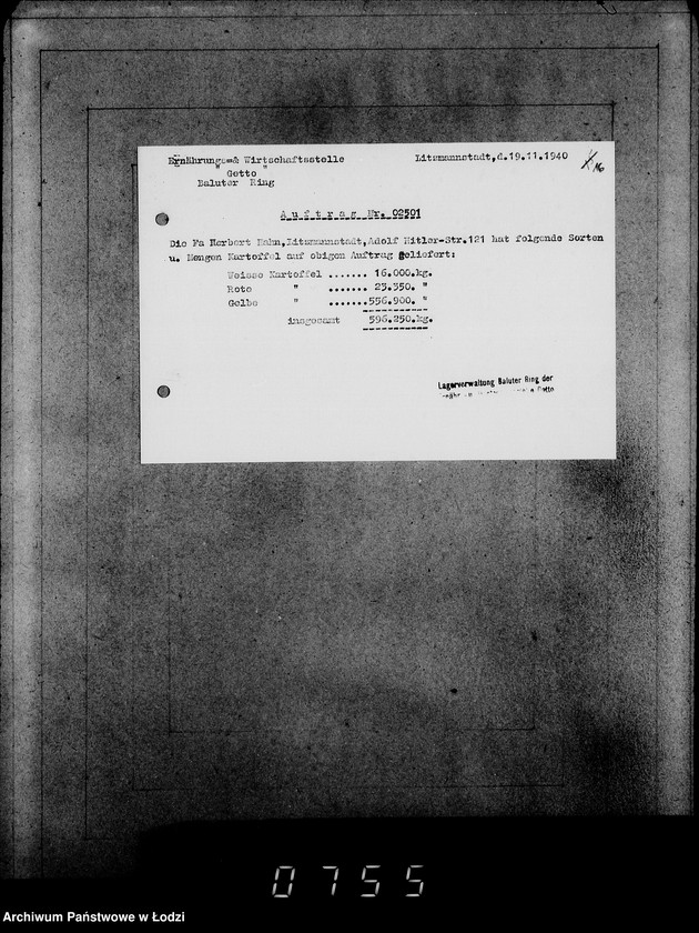 Obraz 20 z jednostki "[Zlecenia na dostawę dla ludności Getta artykułów spożywczych- ziemniaki, chleb, mąka, mięso- oraz zwrot opakowań]"