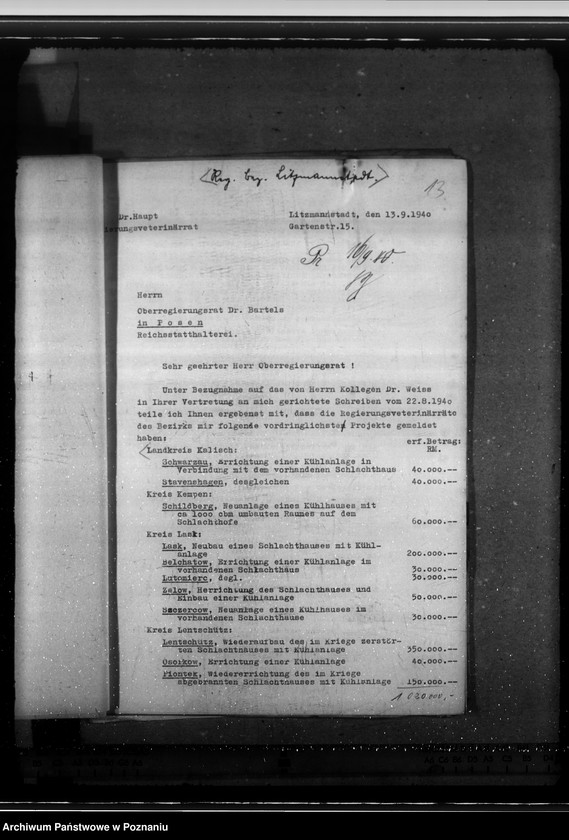 Obraz 17 z jednostki "Schlachthöfe - frische Fleisch. Tuberkulosenschutzanordnung. Wirtschaftliche Unternehmungen im Kreise Schieratz. Krankenhaus zu Gnesen. Ausbau des Schlachthofes Posen."