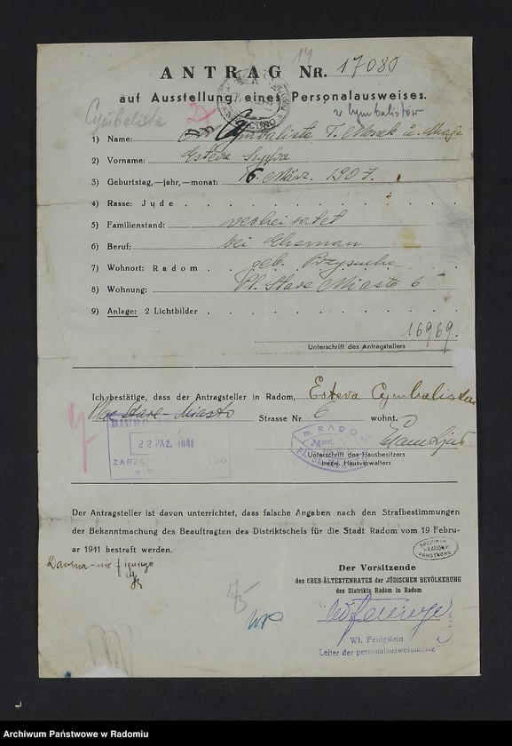 Obraz 18 z jednostki "[Wnioski o wydanie dowodów osobistych oraz nie odebrane dowody Cygielsztajcher - Cyngiser]"