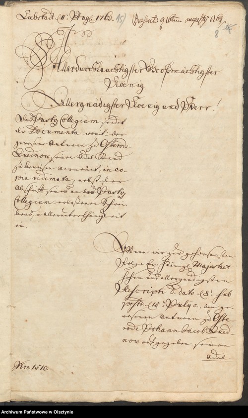 image.from.unit.number "In S. [Sachen] des Cammerers Elias Ernst Grafen von Finkenstein auf Hasenberg. Den Verkauff seiner Adelichen Gütter Alt=Doehringen [Durąg] und Glanden [Glądy]"