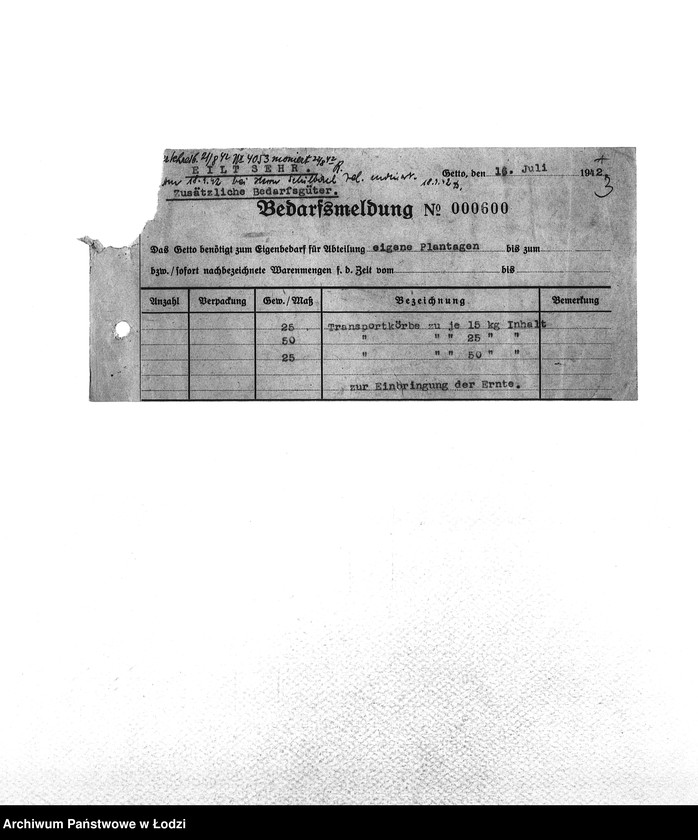 Obraz 6 z jednostki "Bedarfsmeldungen [Skierowane do GV zapotrzebowania na surowce, materiały, narzędzia, maszyny itp. potrzebne resortom pracy do produkcji; zamówienia żywności, lekarstw]"