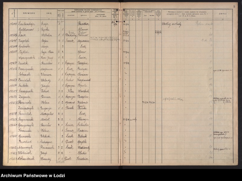 Obraz 12 z jednostki "Księga kontroli ruchu ludności (rejestr osób przybywających do gminy) Łódź, komisariat III, ks. VIII, nr 15533-17398"