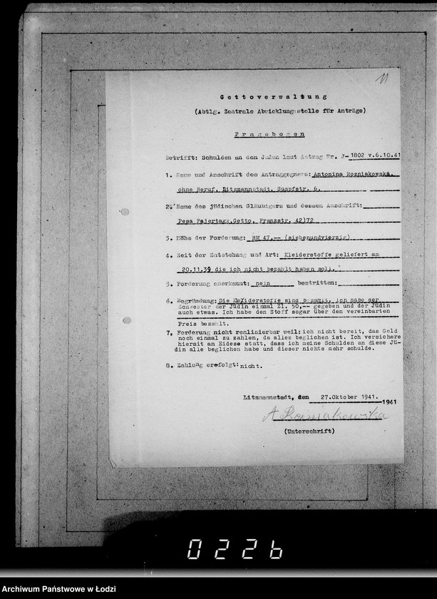 Obraz 15 z jednostki "J 1801-1820 [Wnioski Żydów z Getta o zwrot należności za towar wzięty na kredyt]"