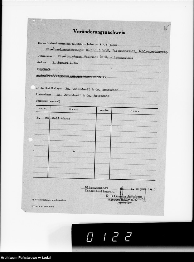 Obraz 19 z jednostki "Sonderkonto 12300. Arbeitsamt Litzmannstadt Judenlager: Löwenstadt- (Amtskommissar Löwenstadt), Hulanki- (Krs.Litzmannstadt), Jendrzejów, Andrzejów, Ostrowo (Krs.L-stadt)."