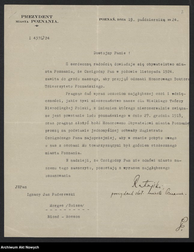 image.from.unit.number "Władze miejskie m. Poznania; Załączniki: a) zaproszenia; b) telegramy C. Ratajskiego (prez. m. Poznania) do E. B. Wilson (żony prez. W. Wilsona) i gen. Pershinga (rękopisy I. Paderewskiego dla C. Ratajskiego); c) telegramy E. B. Wilson, gen. I. Pershing