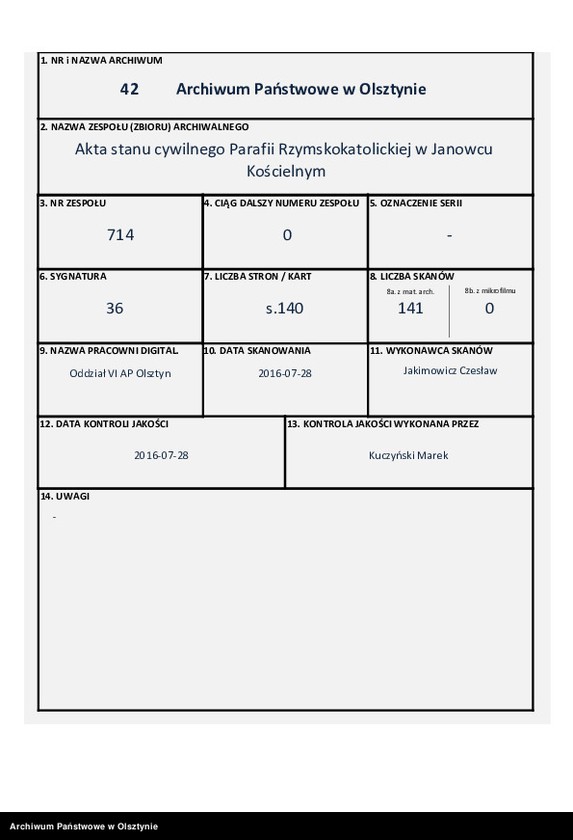 image.from.unit.number "Duplikat Parafii Janowieckiej w Powiecie Mławskim Gubernii Płockiej na rok 1854"
