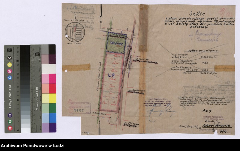 Obraz 1 z jednostki "Szkic z planu parcelacyjnego części nieruchomości, oznaczonej według tabeli likwidacyjnej byłej wsi Bałuty Stare Numerem 1 w mieście Łodzi położonej"