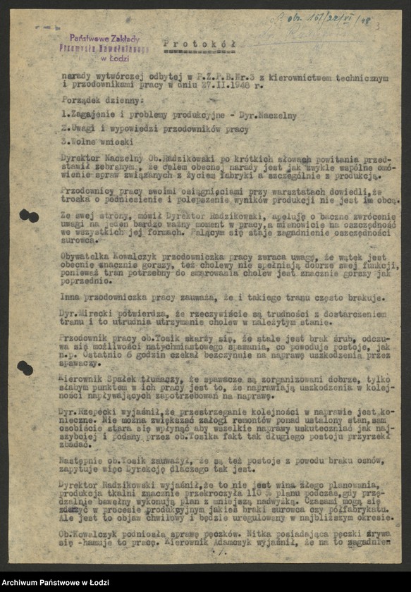 Obraz 4 z jednostki "Państwowe Zakłady Przemysłu Bawełnianego nr 3; protokoły z narad wytwórczych, raporty dzienne z wykonania produkcji"