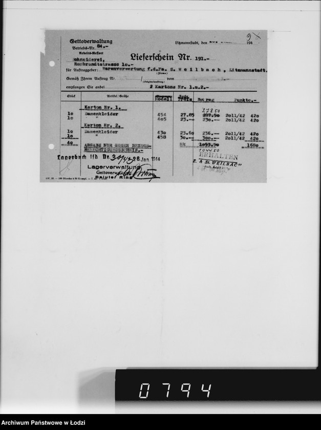 Obraz 13 z jednostki "F-ma St.Weilbach Litzmannstadt V Warenverwertung an den Juden Ältesten. Kinder-Kleider, Teppiche, Brücken"