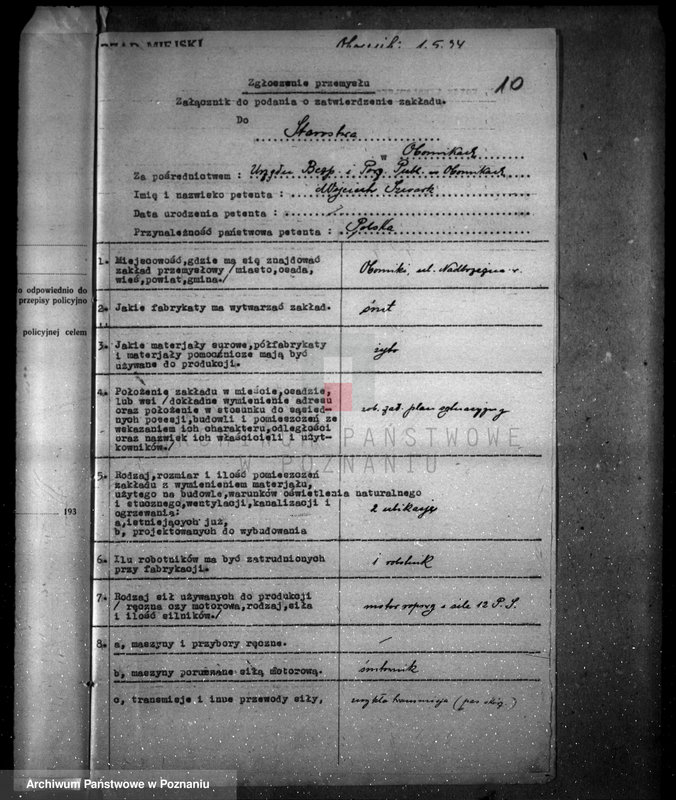 Obraz 14 z jednostki "Zatwierdzenie zakładu przemysłowego /śrutownika/ własność Schwarka w Obornikach"