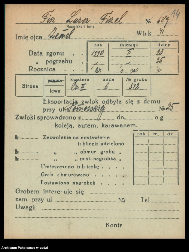 Obraz 15 z jednostki "Kartoteka osób pochowanych na cmentarzu żydowskim przy ulicy Brackiej w latach 1892-1957. Nazwiska na litery: Fisz-For"