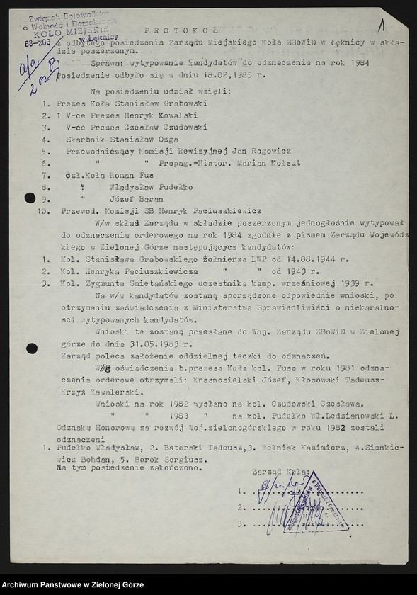 image.from.unit.number "Protokóły z posiedzenia Zarządu Miejskiego Koła ZBoWiD w Łęknicy z 1983 r"