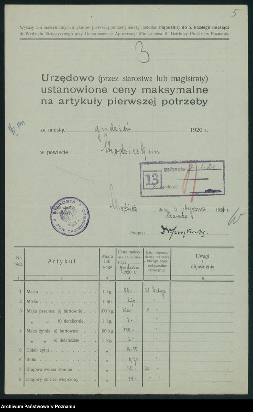 Obraz 7 z jednostki "[Wykazy urzędowo ustanowionych cen maksymalnych na artykuły pierwszej potrzeby na terenie Województwa Poznańskiego za miesiąc grudzień 1920 roku]"