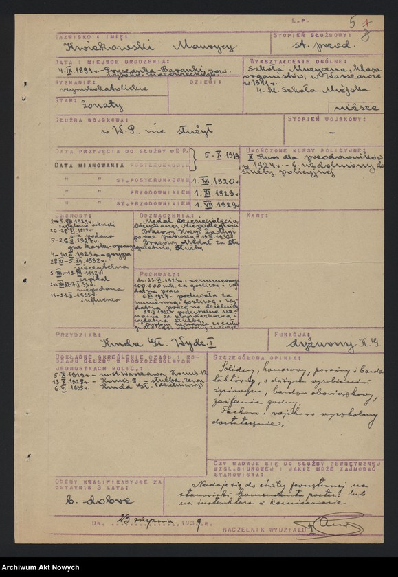 image.from.unit.number "Ewidencja szeregowych Policji Państwowej, zatrudnionych w pracy biurowej w Wydziale I Komendy Głównej Policji Państwowej. Wykazy."