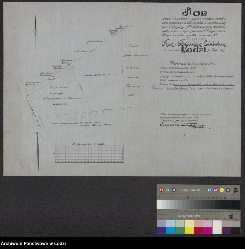 Obraz 1 z jednostki "Plan nieruchomości wydzielonej z osady oznaczonej według tabeli likwidacyjnej wsi Chojny Numer 1 stanowiącej na mocy aktu zeznanym przed Notariuszem Trojanowskim w 192? roku za Numer własność Kurii Biskupiej Łódzkiej w mieście Łodzi położonej"