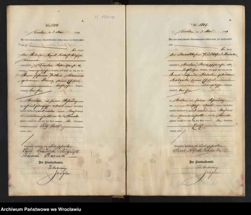 image.from.unit.number "Geburts-Haupt-Register Breslau I 1909 Band 4"