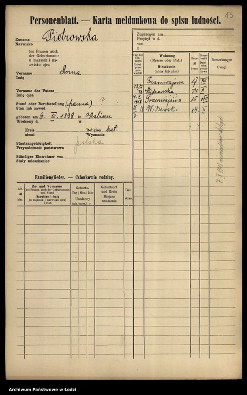 Obraz 15 z jednostki "[Spis ludności Łodzi] Piotrowska-Piotrowski"