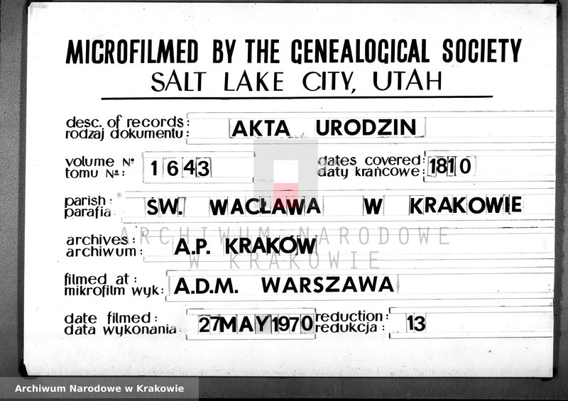 Obraz 1 z jednostki "Akty Urodzenia w Roku 1810 tym Parafyi na Zamku w Krakowie Parafia Zamkowa"