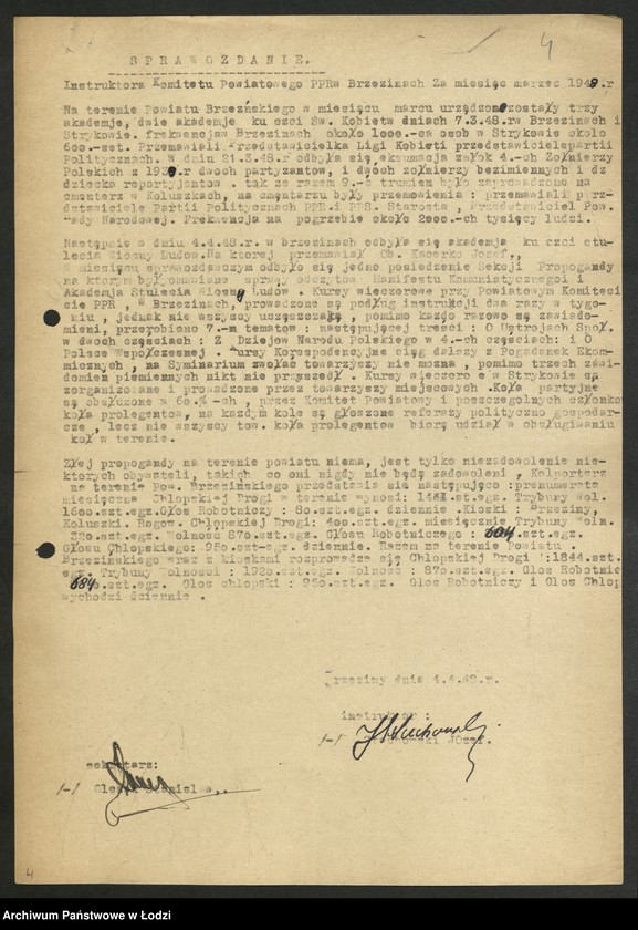 Obraz 5 z jednostki "Sprawozdania miesięczne instruktorów propagandy komitetów powiatowych i komitetów miejskich [z załącznikami za 1948 rok]"