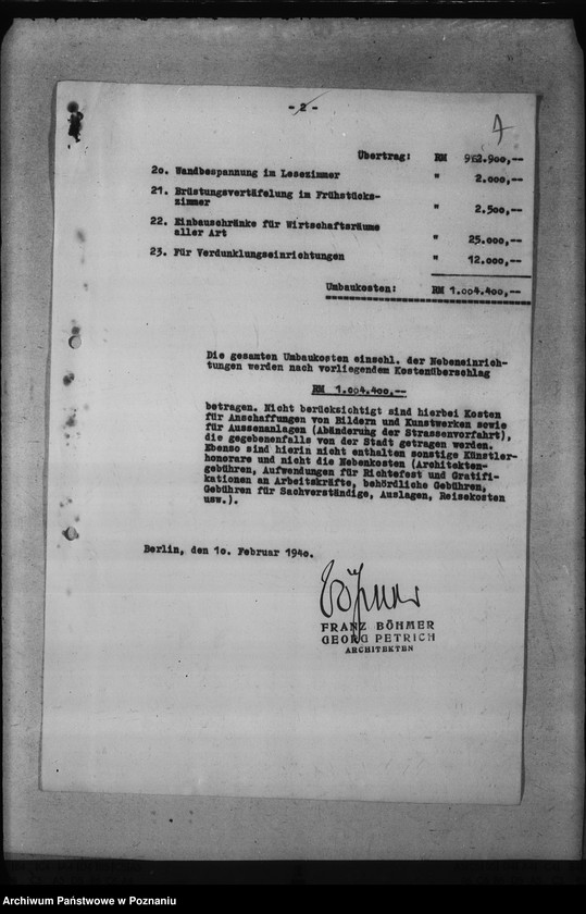 Obraz 11 z jednostki "Umbauten des Hotels de Rome in Posen, des Deutschen Schlosses, des Erholungsheimes der Reichsstatthalterei in Strohfelde, der Gauhalle und des Gauhotels"