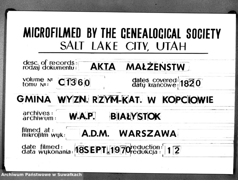 Obraz 1 z jednostki "Akta Zaślubionych Gminy Kopciowskiey Powiatu Dombrowskiego w Woiewództwie Augustowskim od 1-go Stycznia 1820 roku"