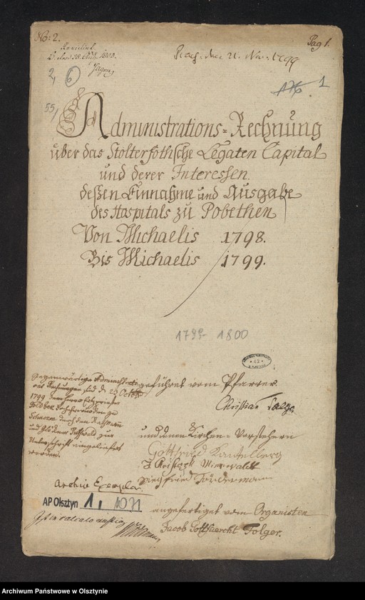 image.from.unit.number "Administrations Rechnung über des Stolterfothsche Legaten Capital und derer Intereßen deßen Einnahme und Ausgabe zu Pobethen von Michaelis 1798 bis Michaelis 1799"