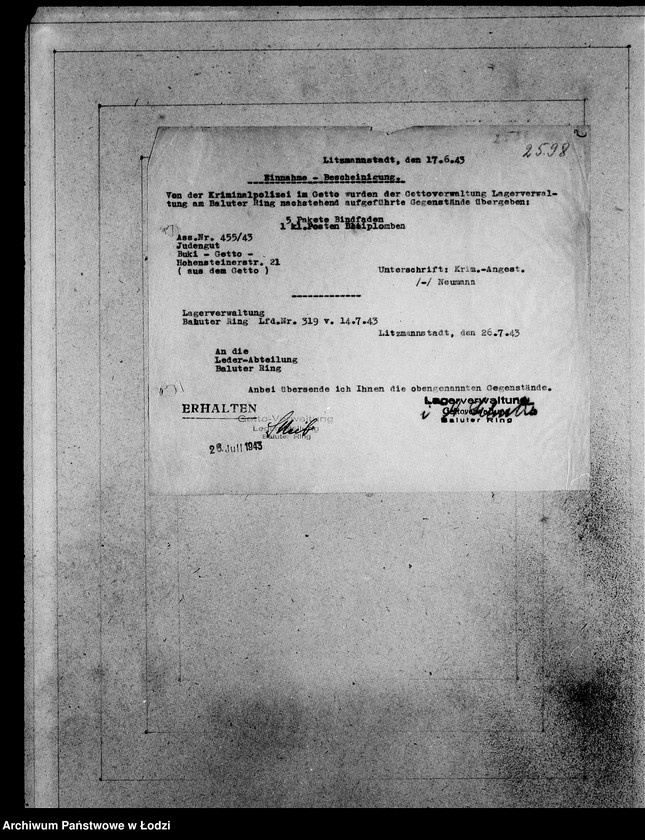 Obraz 6 z jednostki "Kripo.Unterlagen 2400-2600 [Dokumenty konfiskaty majątku ruchomego u Żydów]"