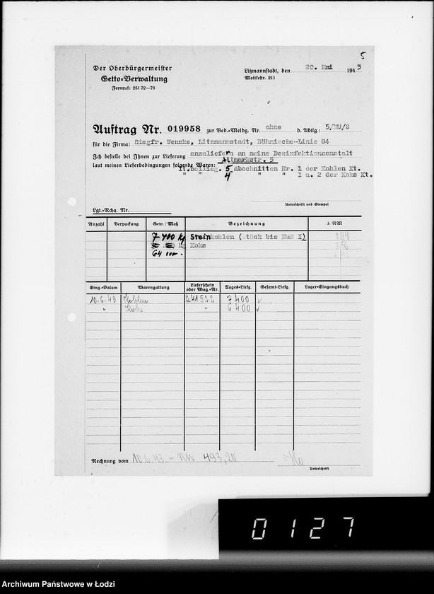Obraz 9 z jednostki "Lebensmitteleinkauf. Aufträge, [Lieferscheinen und Rechnungen] 19941-19960 [Dostawa artykułów pierwszej potrzeby do Getta]"