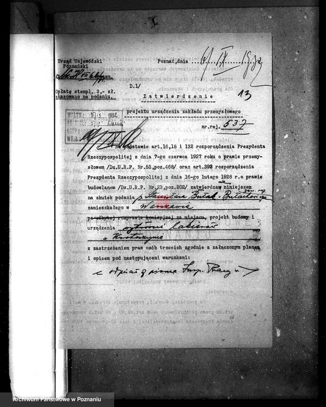 image.from.unit.number "Zatwierdzenie zakładu przemysłowego fabryki lakierów i politury własność Bułak-Bałachowicz w Krotoszynie nr rej. 573"