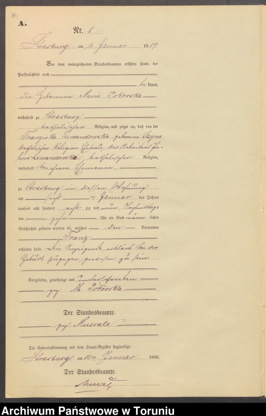 image.from.unit.number "Geburts-Neben-Register Strasburg W/Pr. für das Jahr 1889"